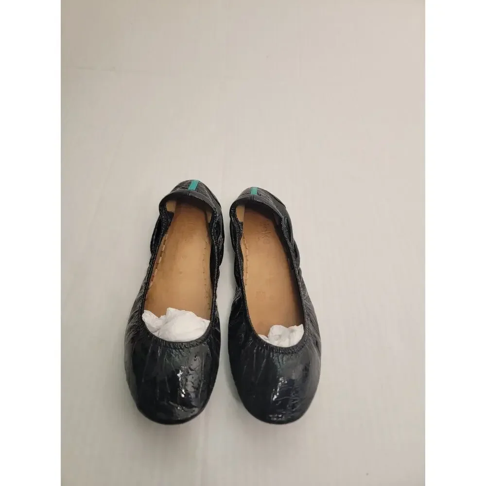 TIEKS Sz 8 Obsidian Black Patent Leather Croc Slip On Ballet Flats Shoes